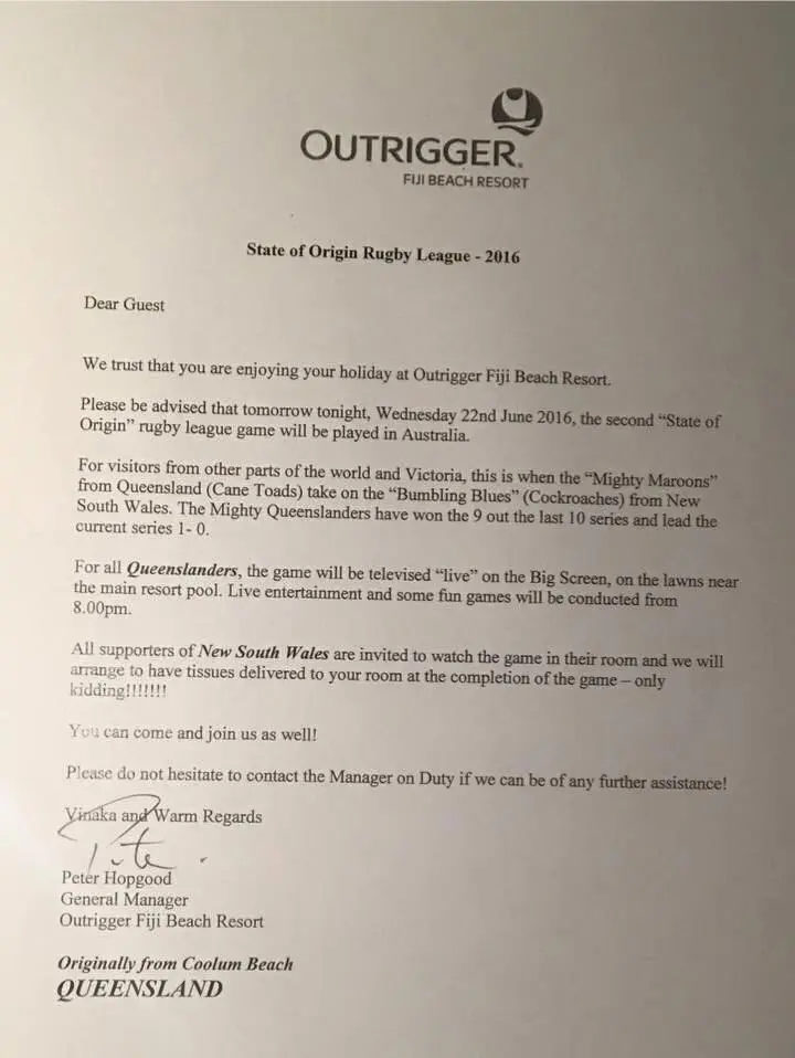 Outrigger Fiji Beach Resort took sides in the State of Origin and it was hilarious! 8 13528844_1049372391811031_4635297684847066804_n