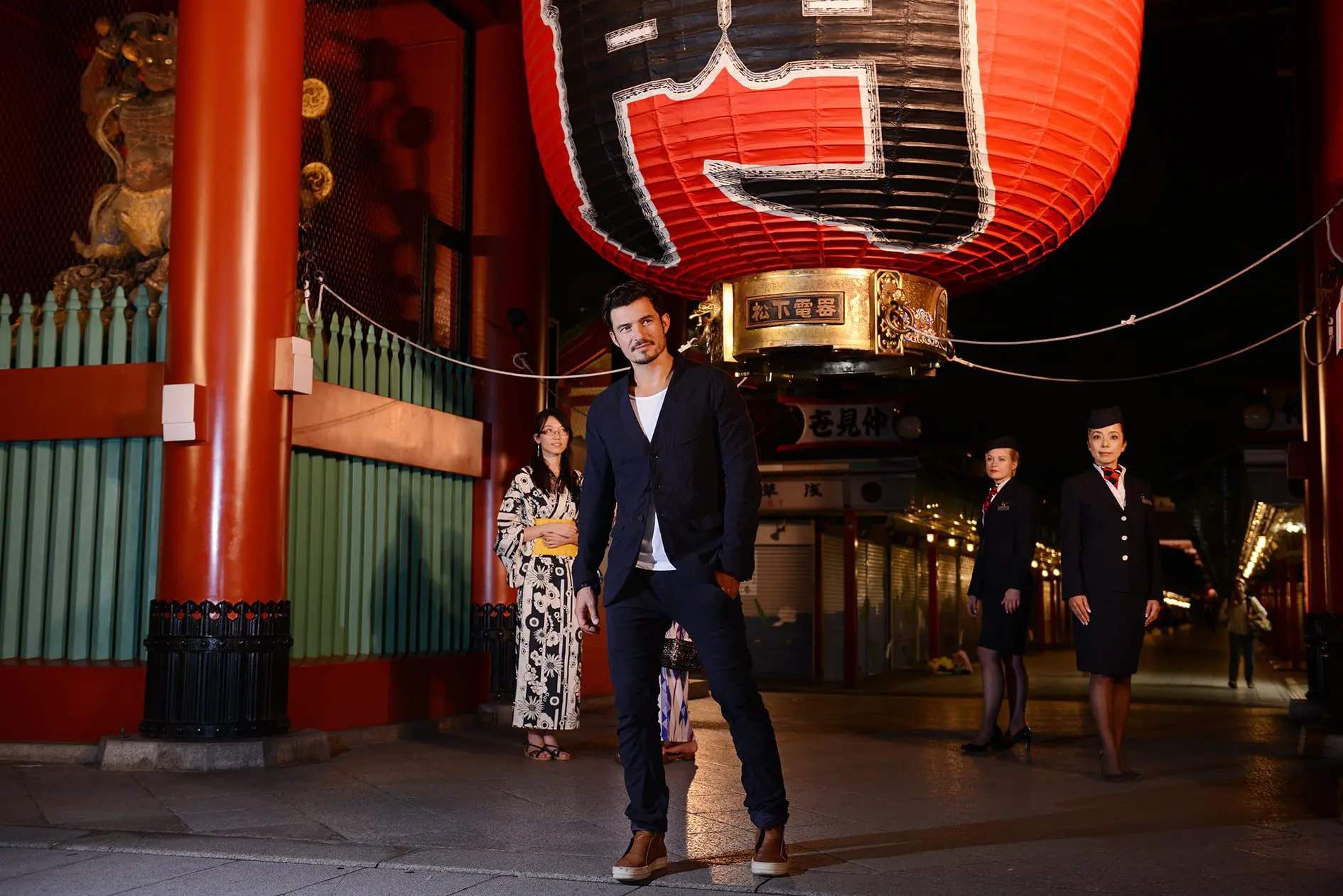 In this handout image provided by British Airways, Orlando Bloom in Tokyo to celebrate the launch of the new 787-9 aircraft to Narita, Tokyo on August 19, 2016 at Tokyo, Japan.