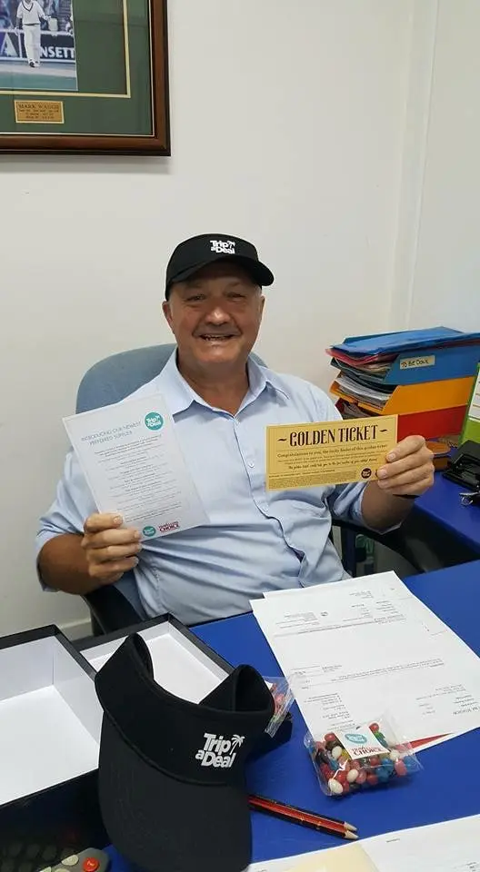 Travellers Choice's Agents winning with online agency deal 8 Travellers Choice_TAD_Mark Brady from Ballina Cruise & Travel with the agency's Golden Ticket