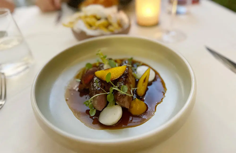 Hotel review: Sheraton Grand Mirage Resort, Port Douglas, Queensland 6 Duck breast, honey coriander glaze, burnt peach, turnip, clove and watercress at Harrisons. Sheraton-Grand-Mirage-Resort_Katrina-Holden