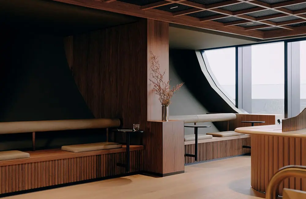 Melbourne Airport welcomes Australia's largest hotel opening of 2024 4 Render of the interior of the two-level Aerofoil Workspace.