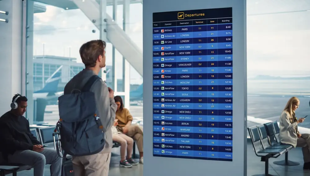 Overwhelmed consumers – male traveller looks at the departure board at an airport gate.