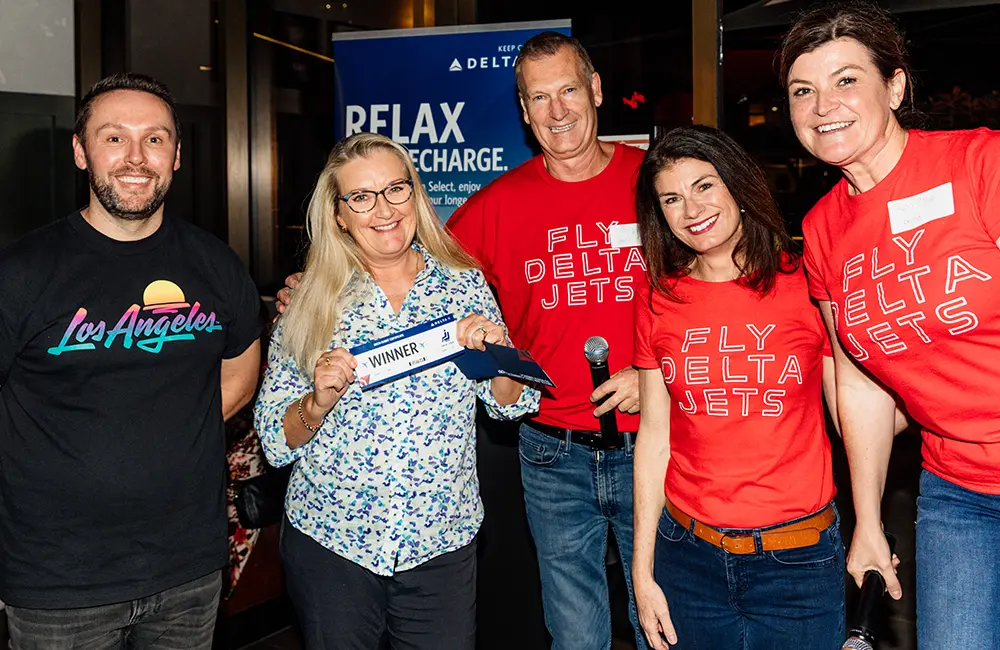 LA Tourism's Craig Gibbons with winner Hollie Johnson (Main Beach Travel) and Delta Air Lines’ Clint Jones, Nicole Laurie & Kelly Clive.