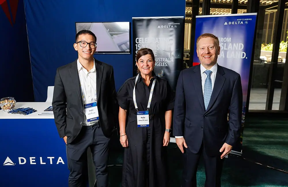 Delta Air Lines General Manager APAC Justin Lau, Country Manager Australia & NZ Kelly Clive & Vice President APAC Jeff Moomaw at CAPA Airline Leader Summit Australia Pacific 2024 at The Star Brisbane.