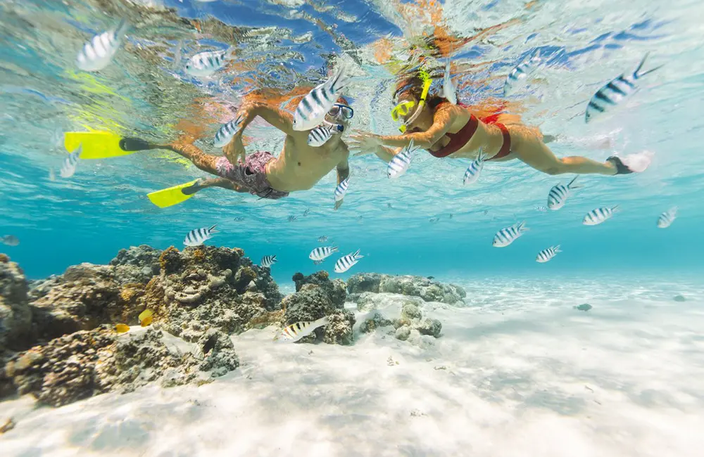 Record number of Aussies head to Cook Islands in 2025 as Jetstar ups flights 2 Snorkellers with tropical striped fish in Aitutaki Lagoon, Cook Islands. Image: Alexandra Adoncello