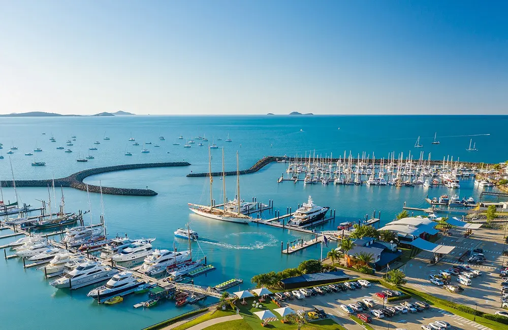 Aerial view of boats and berths at Coral Sea Marina.