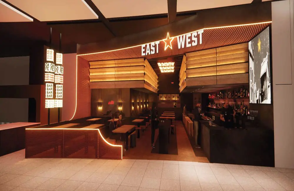 SYD onboards four new eateries to T1 International Terminal by the end of 2024 2 Render of the East x West dining concept at Sydney Airport T1 International Terminal.