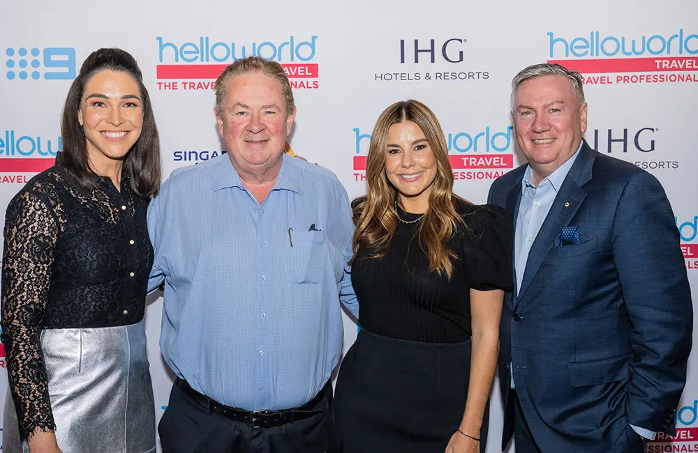 Helloworld reports TTV dip amid lower fares & shift to mid-haul hotspots like Japan, Bali & Fiji 1 Helloworld TV show presenters with Helloworld Travel Limited CEO & Managing Director Andrew Burnes at Melbourne launch.