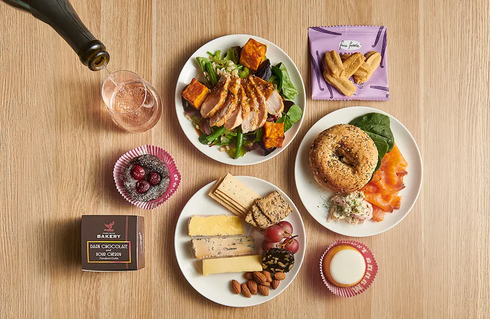 Flat-lay image of food items available on the Qantas domestic business menu.