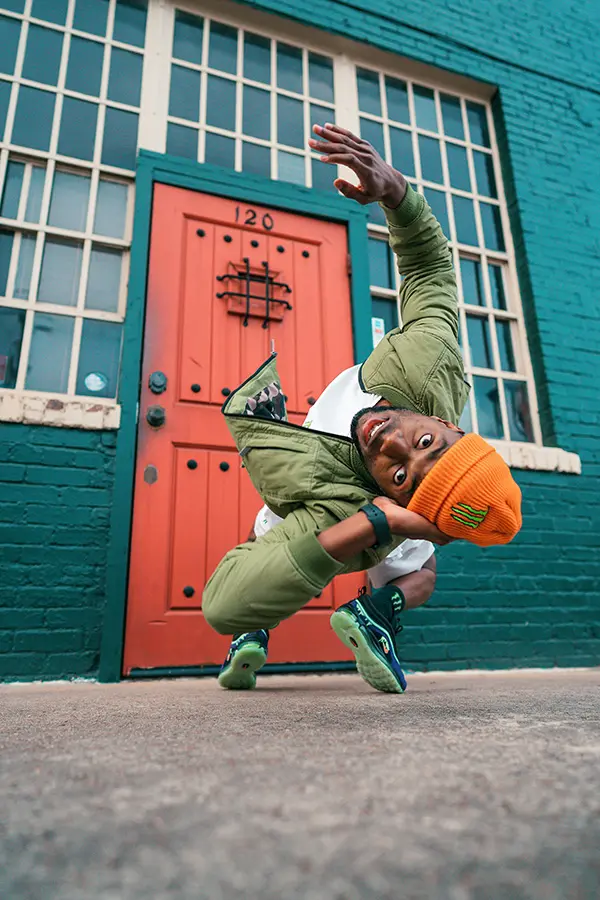 US Olympic breaker B-Boy Jeffro against a wall in Houston, Texas.