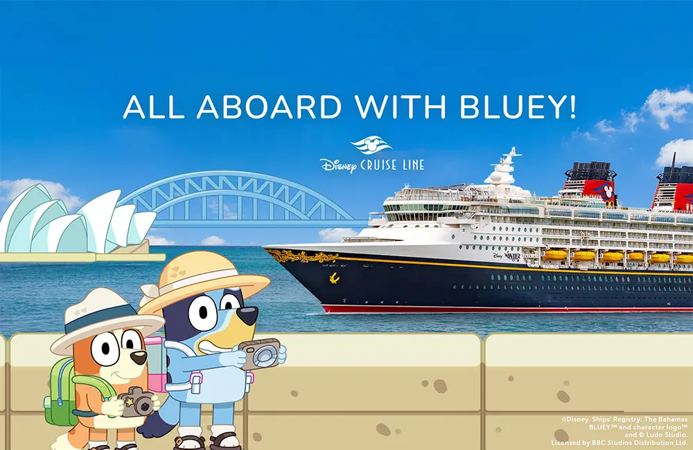 Disney Destinations International’s Andrea Robinson: Why Disney Cruise Line is not just for kids 10 Artist impression of animated characters Bluey and Bingo with Disney Cruise Line ship and Sydney Opera House and Sydney Harbour Bridge.
