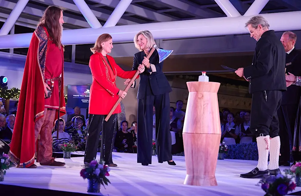 Viking names new ocean ship in Trieste – Here’s what matters 2 In keeping with the naming tradition, during the ceremony, Ivana Elice, godmother of the Viking Vela, was presented with a historic Viking broad axe by Ann Ziff, the esteemed philanthropist, Chairman of the Metropolitan Opera and godmother of the Viking Saturn. The same axe was previously used in the naming of the Viking Saturn in June 2023.