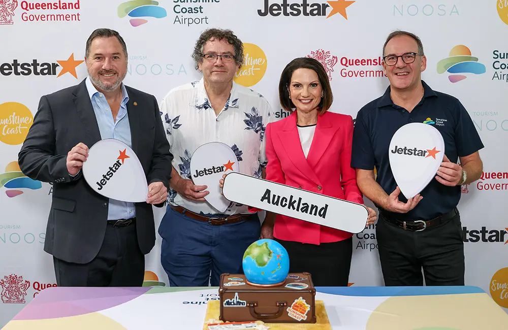 Jetstar starts "most-requested" BNE-BKK service – the only direct flights from Qld to Thailand 2 Queensland Tourism Minister Andrew Powell, Noosa Council Deputy Mayor Brian Stockwell, Sunshine Coast Council Mayor Rosanna Natoli & Sunshine Coast Airport General Manager Aviation & Commercial Scott Norris.