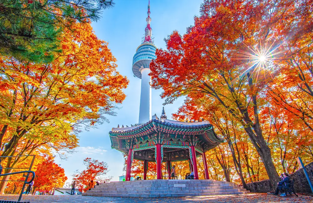 Korea calling: K-ETA exemption extended for AUS & NZ 3 Namsan Tower and pavilion during the autumn leaves in Seoul, South Korea. Image credit: Shutterstock