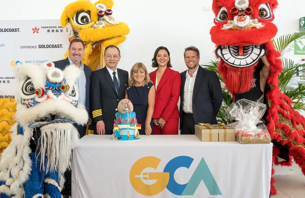 This Queensland airport just landed its first Hong Kong connection in 6 years 2 Gold Coast Airport welcomes the inaugural HKA flight with government and airport officials.