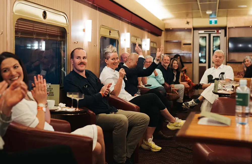 South Australia sizzles: Journey Beyond serves up best bites at 18th Tasting Australia festival 3 Group of people enjoying drinks on board The Ghan train activation at Tasting Australia by Train in Adelaide.