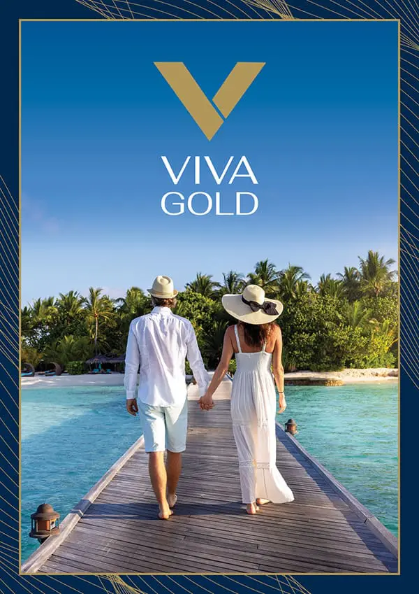 Gold standard: Helloworld launches Viva Gold luxury brand with bespoke brochure 1 The launch Viva Gold brochure cover with a couple walking to an island.