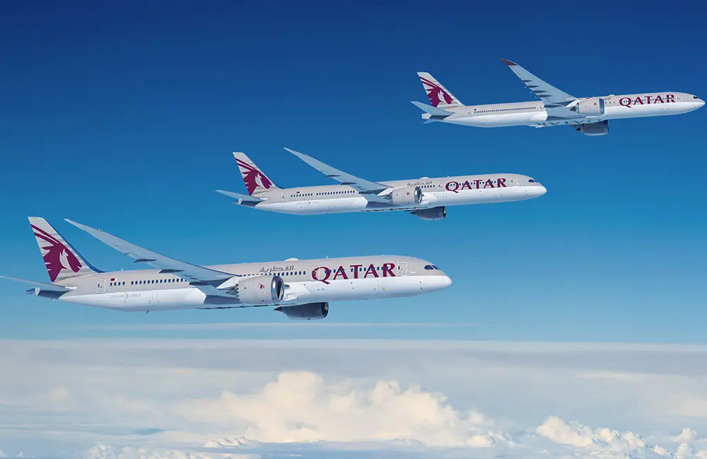 Australian women get green light to sue Qatar Airways over invasive searches in 2020 2 Three Boeing aircraft with Qatar Airways livery in sky.