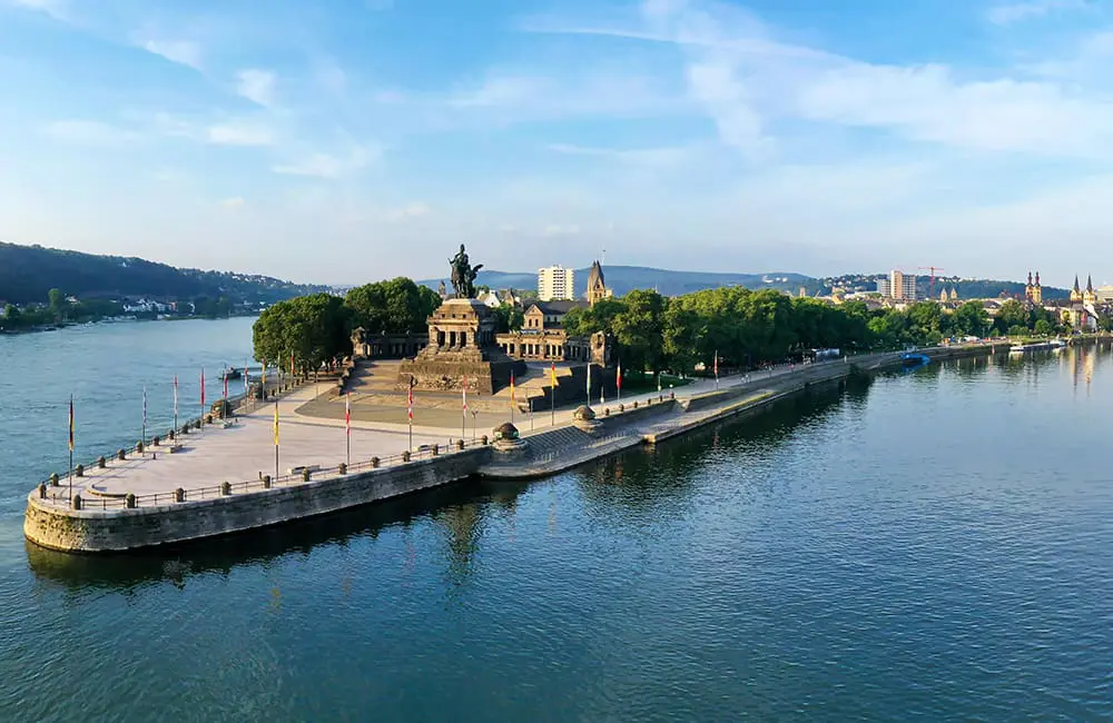 Deutches Eck in Koblenz, Germany where the Mosel meets the Rhine. Image: Getty