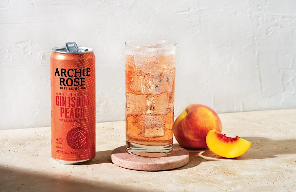 Tray tables down: Virgin Australia’s winter menu is anything but plane food 2 New on board and made down under—Archie Rose's Peach Gin & Soda adds a refreshing local twist to Virgin Australia's drink menu.