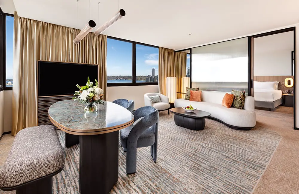 Pan Pacific reveals the two-year, $50M full makeover of its largest Aussie hotel 5 Lounge area of Riverview Suite at Pan Pacific Perth.
