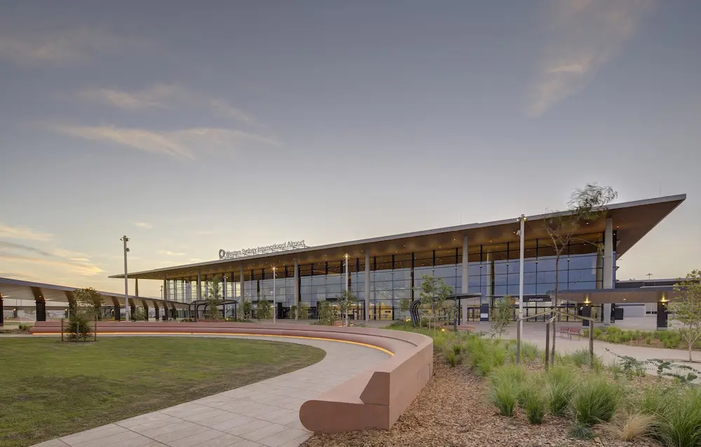 Western Sydney Airport unveils terminal, hitting major milestone on path to opening 7 WSI exterior. (Image by Brett Boardman)
Western Sydney Airport