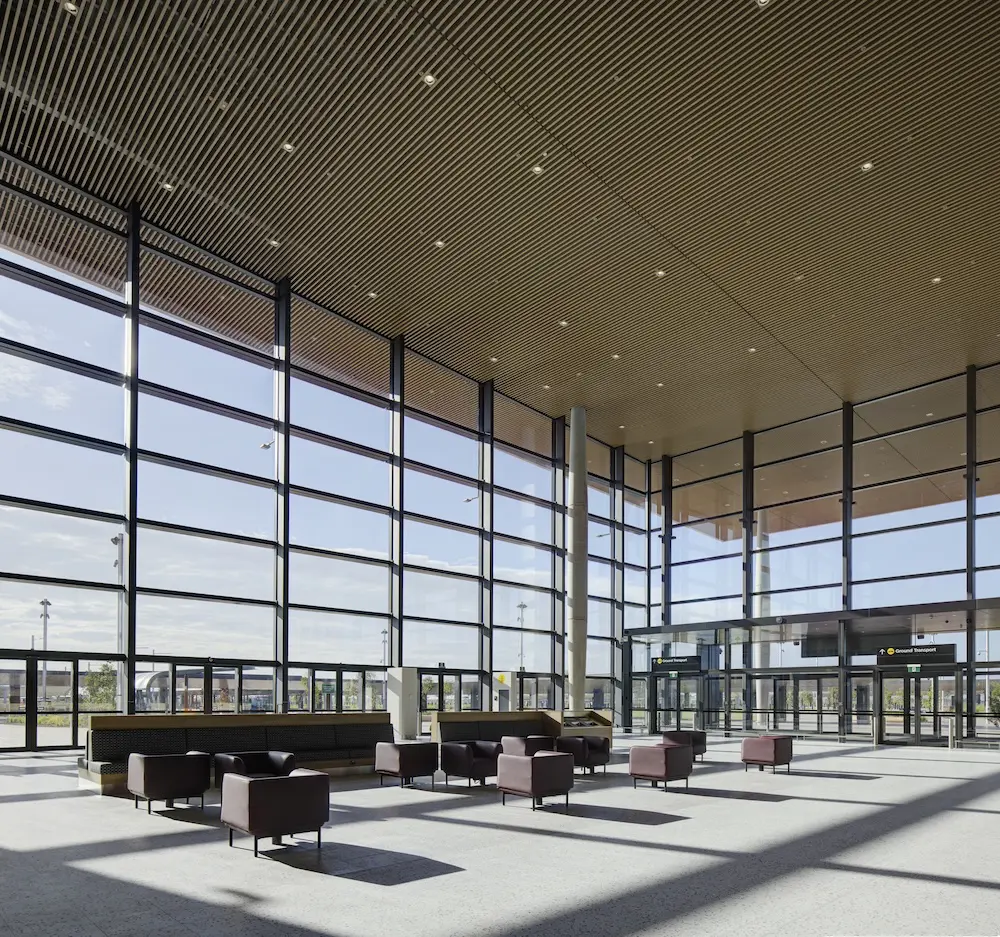 Western Sydney Airport unveils terminal, hitting major milestone on path to opening 3 WSI interior. (Image by Brett Boardman)