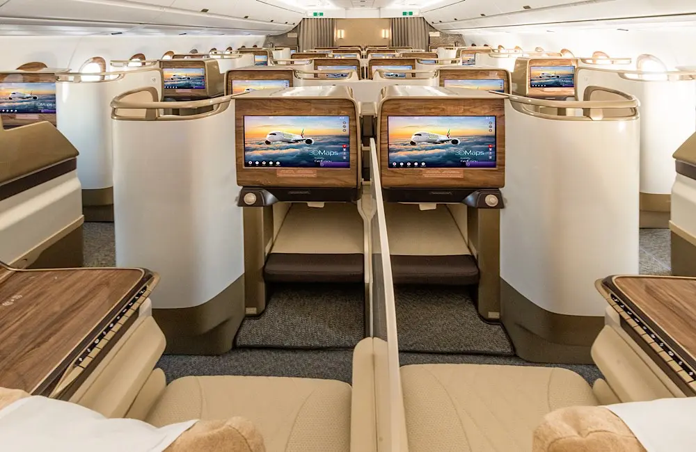 A first look at Emirates' A350 cabin and rollout plans 1 The Emirates A350 on display features three spacious cabin classes including 32 next-generation Business Class lie-flat seats.