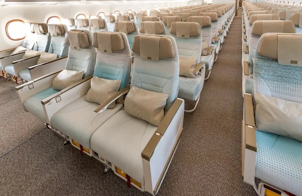 A first look at Emirates' A350 cabin and rollout plans 3 The Emirates A350 on display features 259 generously pitched Economy Class seats.