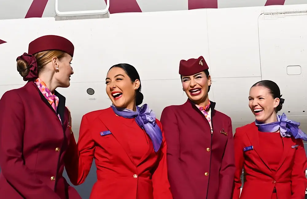 Virgin Australia and Qatar Airways cabin crew at Brisbane Airport during the launch of the new Brisbane–Doha service. Jayne Hrdlicka.