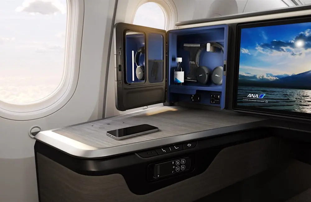 ANA reveals world's largest business seats for Aussie-bound B787s 3 Thoughtful storage: Each suite features a dedicated compartment for personal items, plus Bluetooth-compatible headphones and multiple charging options. ANA