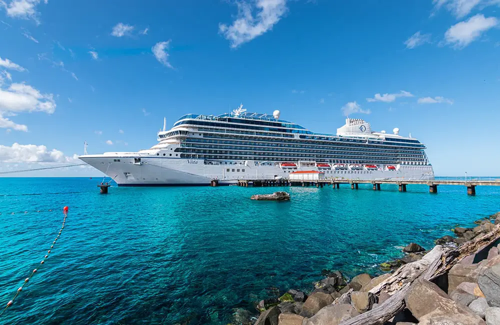 Sail in style: These million-dollar world cruises redefine luxury for high-net-worth travellers 1 Oceania Vista cruise ship docked in Roseau, Dominica. Image: Oceania Cruises