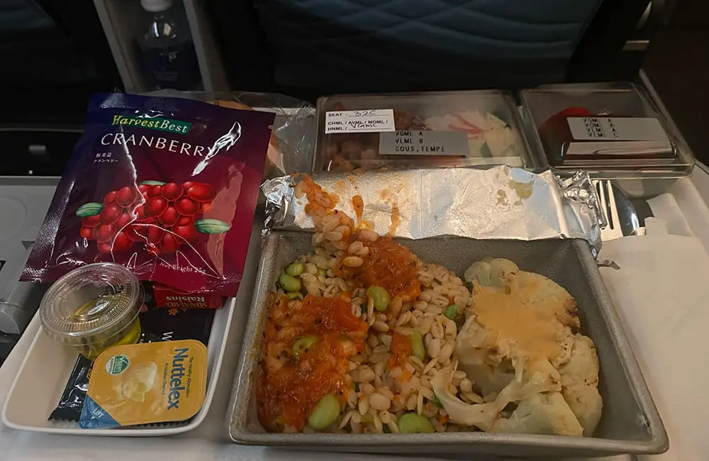 Flight Test: Singapore Airlines – Brisbane to Brussels on a mixed-class ticket 9 The Premium Economy vegan meal option on Singapore Airlines. Image: Cassie Tannenberg