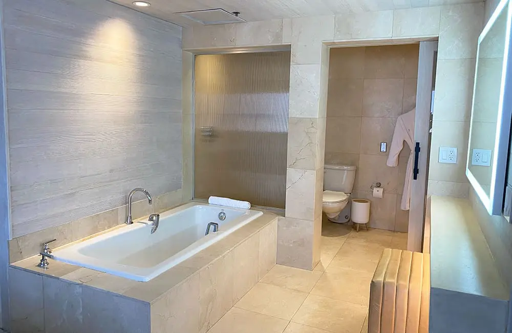 Hotel review: Relaxed luxury at The Huntley Santa Monica Beach, California, USA 5 Italian stone bathroom at The Huntley Santa Monica Beach. Image: Cassie Tannenberg
