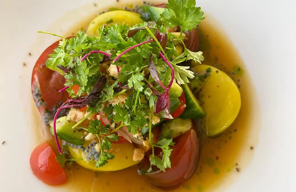 Hotel review: Relaxed luxury at The Huntley Santa Monica Beach, California, USA 11 Fresh heirloom tomato salad at The Penthouse. Image: Cassie Tannenberg