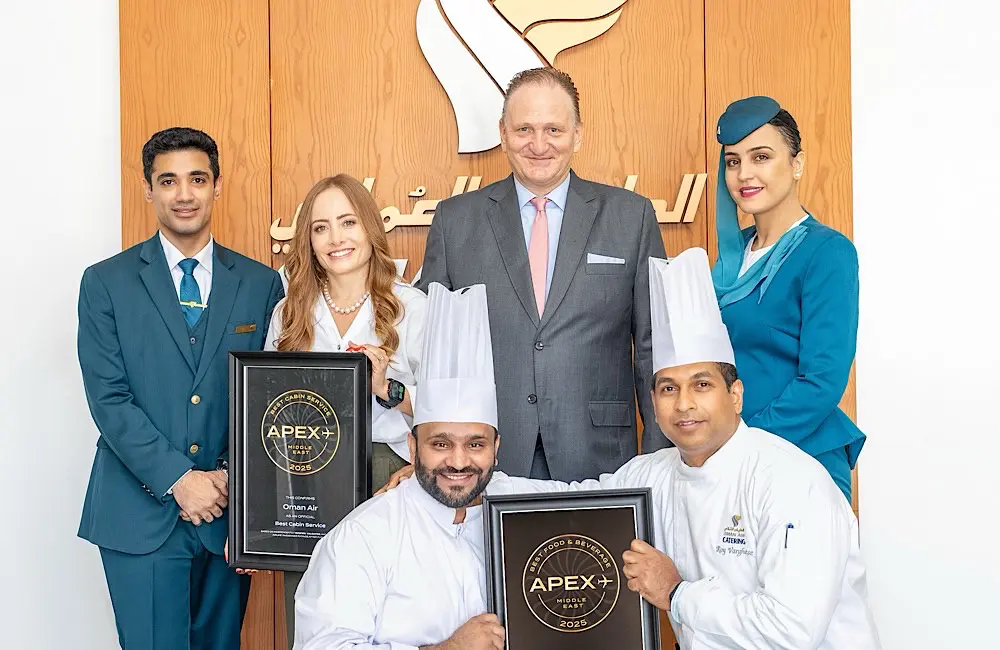 Qantas has a new partner airline in the Middle East 2 Oman Air team celebrates APEX 2025 wins for Best Food & Beverage and Best Cabin Service in the Middle East.