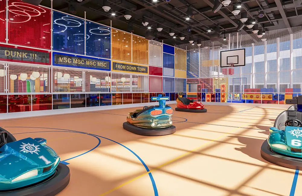 Render of bumper cars within The Clubhouse on MSC World Asia.