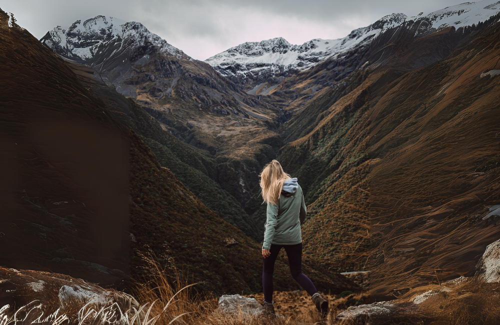New govt data shows international travel is surging, led by these four countries 1 Female hiker solo traveller in New Zealand alpine valley.