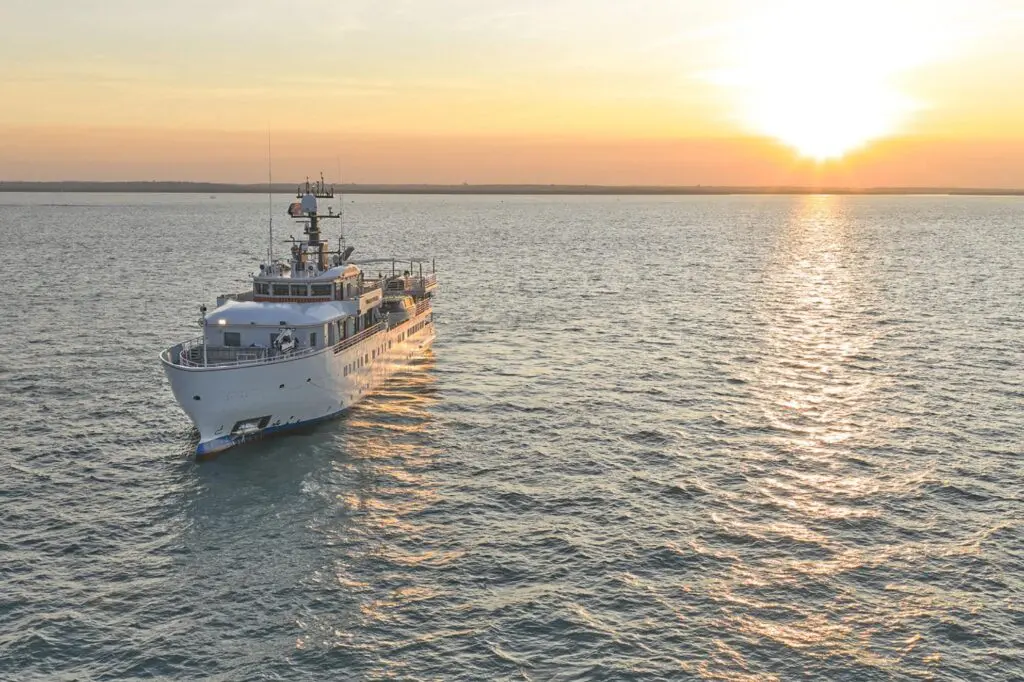 Multi-lingual, multi-talented expedition expert Jorge Villamarin talks Pearl Expeditions 5 The Paspaley Pearl at sea.