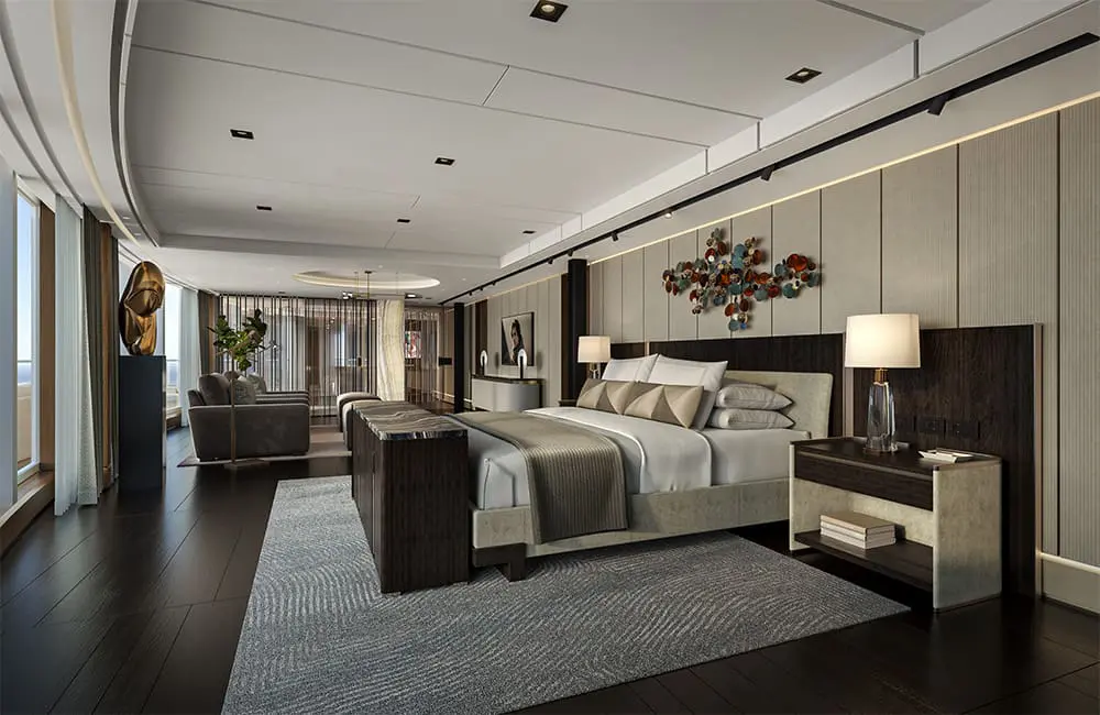 RSSC sees single biggest booking day for latest ultra-luxury ship; launches 234 new cruises for 2027-28 1 Render of Skyview Regent Suite bedroom aboard RSSC's Seven Seas Prestige.