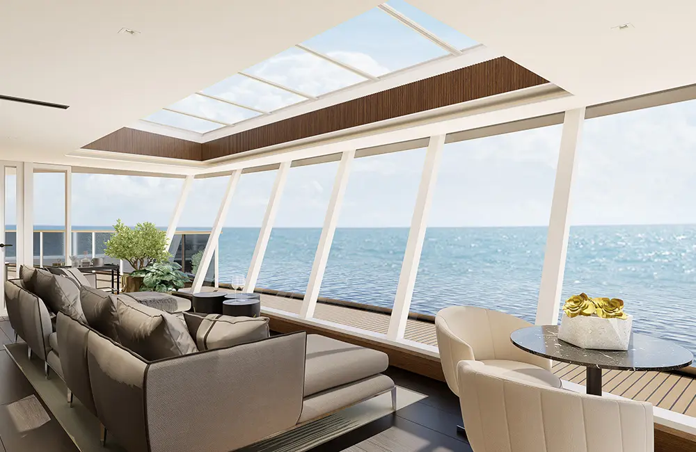 Regent Seven Seas Cruises orders third ultra-luxe Prestige Class ship before first has even launched 2 Render of view from Regent Seven Seas Cruises Seven Seas Prestige ship's Skyview Regent Suite