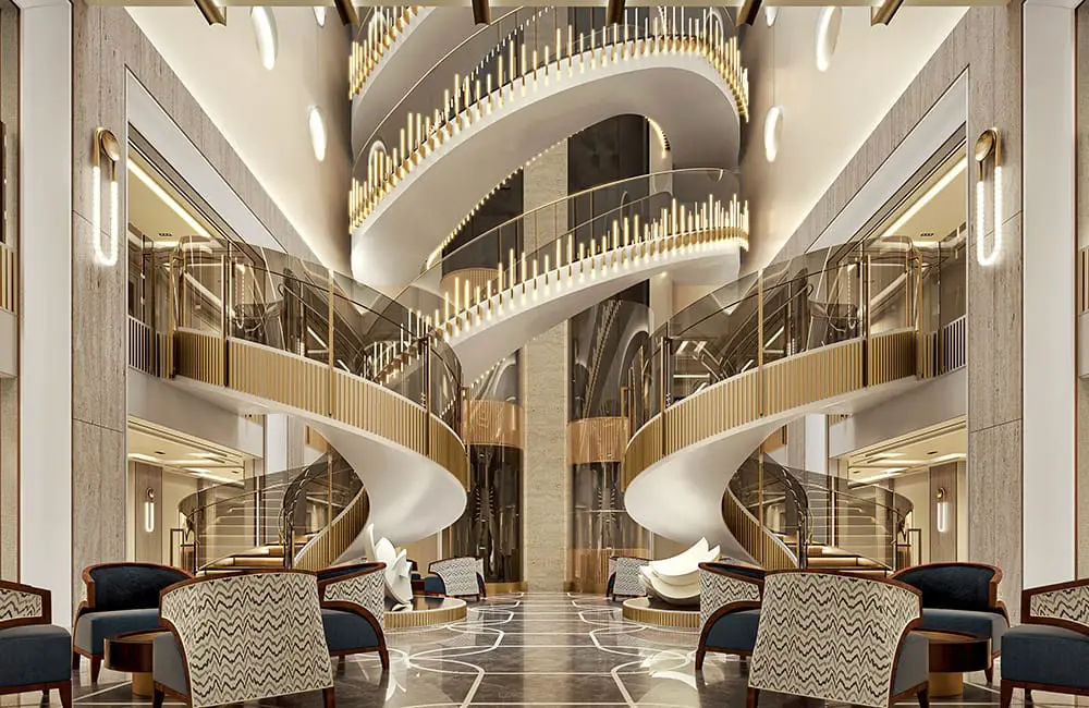 RSSC sees single biggest booking day for latest ultra-luxury ship; launches 234 new cruises for 2027-28 2 Render of ship atrium aboard RSSC's Seven Seas Prestige.