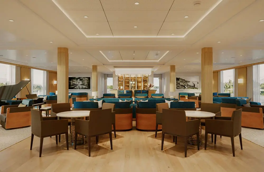 First look: Viking ventures into India with first-ever river voyages on purpose-built vessel 3 Render of the lounge with river views on the Viking Brahmaputra.