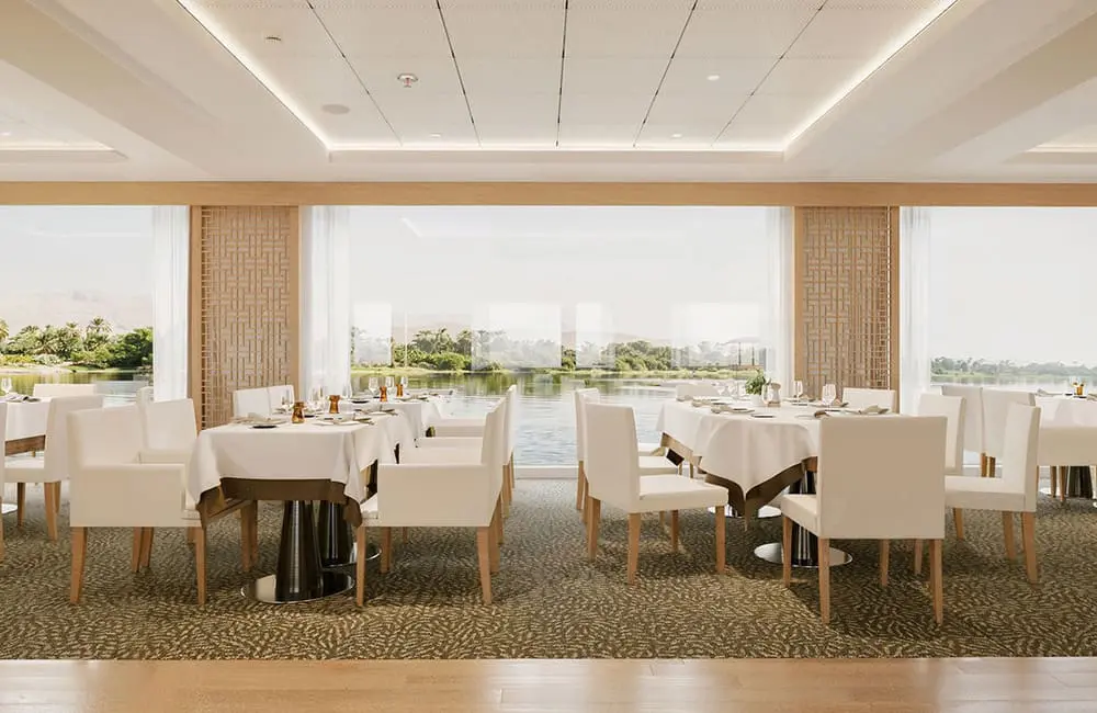 First look: Viking ventures into India with first-ever river voyages on purpose-built vessel 4 Render of the restaurant with river views on the Viking Brahmaputra.