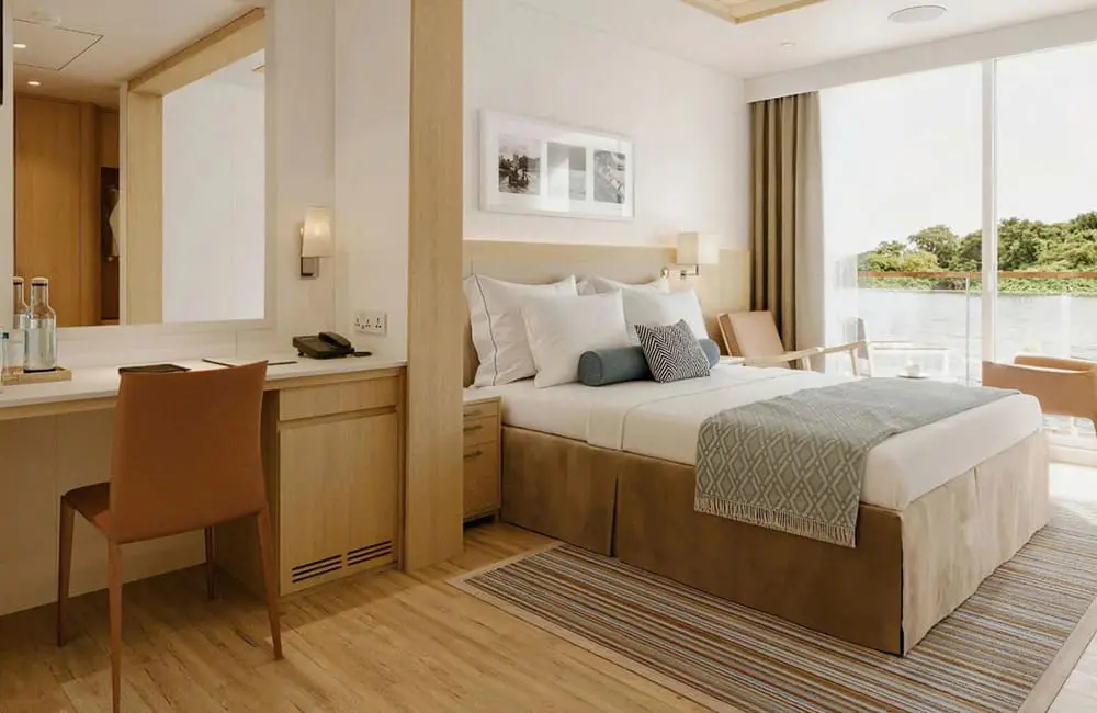 First look: Viking ventures into India with first-ever river voyages on purpose-built vessel 2 Render of Veranda Stateroom on Viking Brahmaputra.