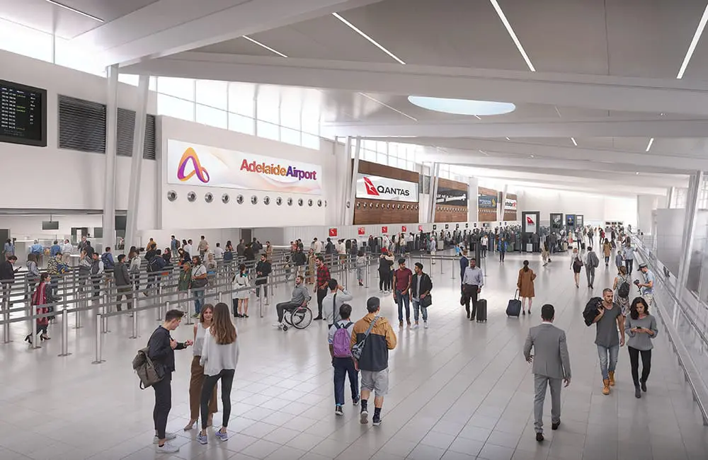 Adelaide Airport’s $600M expansion takes off with major passenger upgrades unveiled 3 Render of Adelaide Airport check-in expansion interior.
