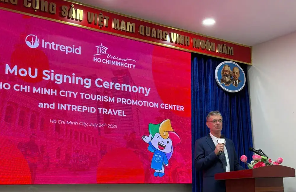 Intrepid Travel joins forces with Ho Chi Minh City to drive responsible tourism in Vietnam 2 Intrepid Travel Co-Founder Geoff Manchester at the MoU signing ceremony in Ho Chi Minh City, Vietnam.