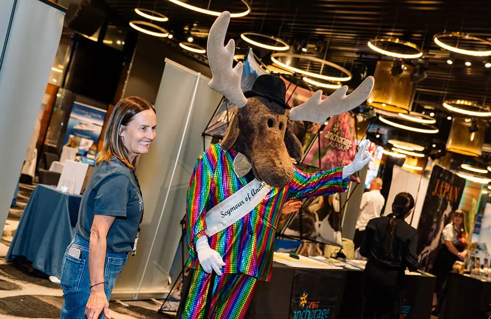 Mythbusting with Visit Anchorage: 7 things that are real (& unreal) about Southcentral Alaska 12 Seymour the Moose character at Niche is Nice 2025 tradeshow.