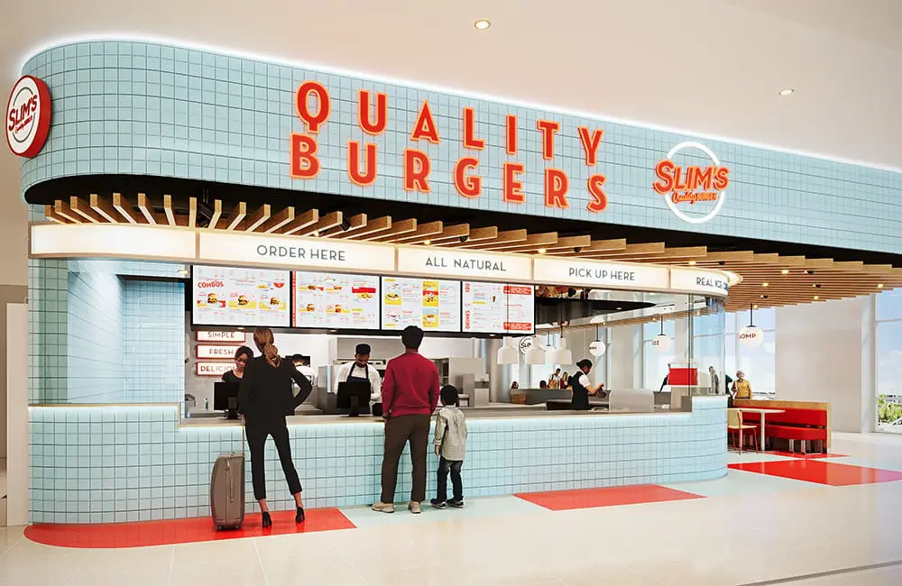Sydney Airport shares 3 new domestic terminal dining hotspots in T3 update 2 Render of Slim's Quality Burgers F&B concept at Sydney Airport T3 Domestic Terminal.