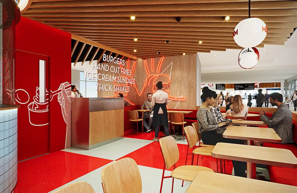 Sydney Airport shares 3 new domestic terminal dining hotspots in T3 update 3 Render of Slim's Quality Burgers dining area at Sydney Airport T3 Domestic Terminal.